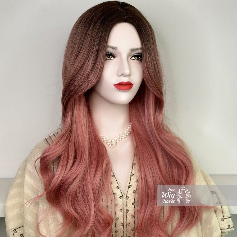 Sakura Pink Hair Ombre Pastel Pink Wig Dark Roots Wavy Wig | Anaella - Picture 2 of 8
